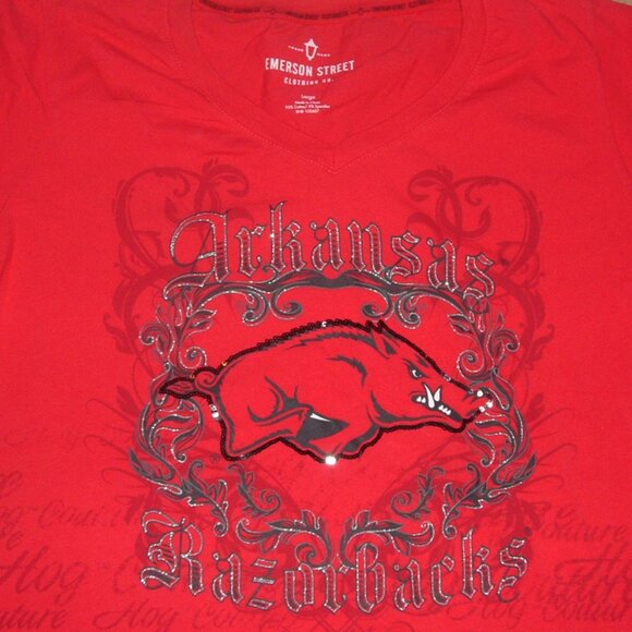 Womens Sz Large Red ARKANSAS RAZORBACKS Soft Stretchy Cotton Embellished Shirt - Picture 2 of 3